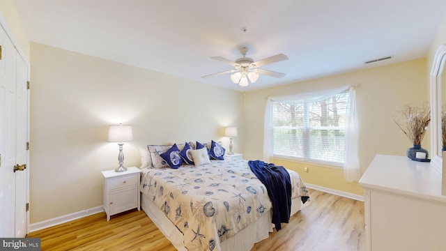 bedroom featuring ceiling fan and light hardwood / wood-style floors