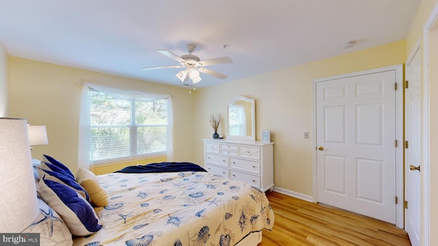 bedroom with ceiling fan and light wood-type flooring