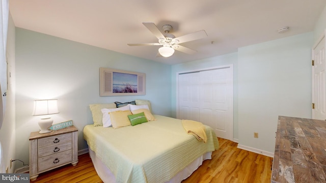 bedroom featuring light wood-type flooring, a closet, and ceiling fan