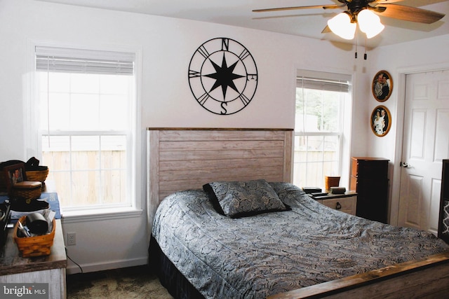 bedroom featuring ceiling fan and multiple windows