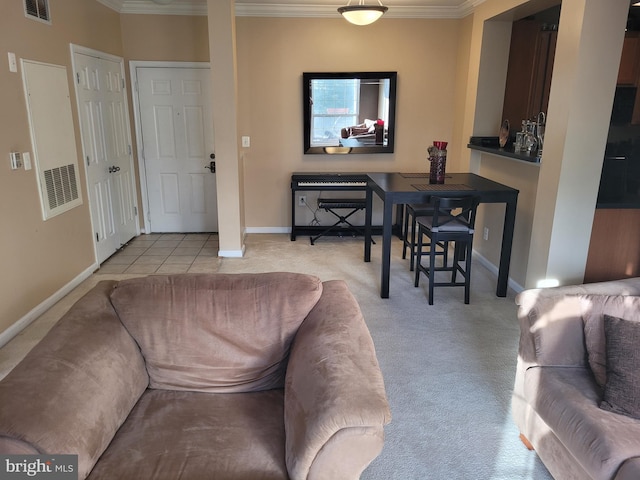 carpeted living room featuring crown molding