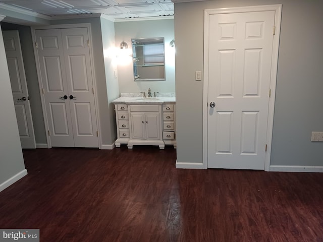 bathroom with hardwood / wood-style floors and vanity