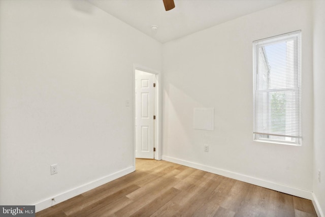 empty room with ceiling fan and light hardwood / wood-style floors