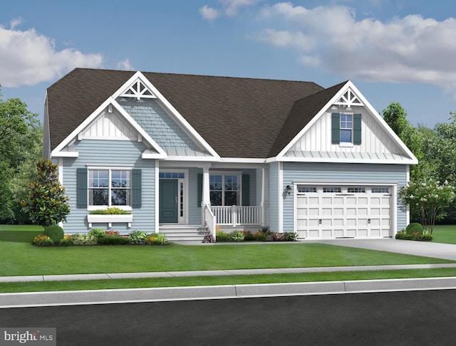 craftsman house with a garage, a front lawn, and covered porch