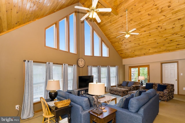 living room with high vaulted ceiling, ceiling fan, and wooden ceiling