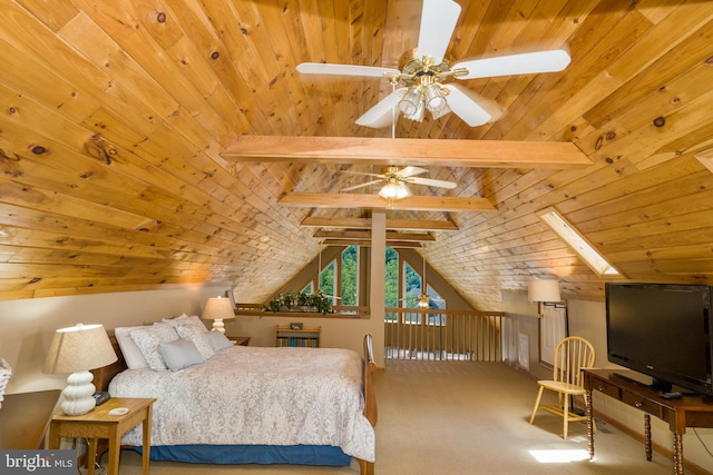 carpeted bedroom featuring wooden ceiling, ceiling fan, and vaulted ceiling with skylight