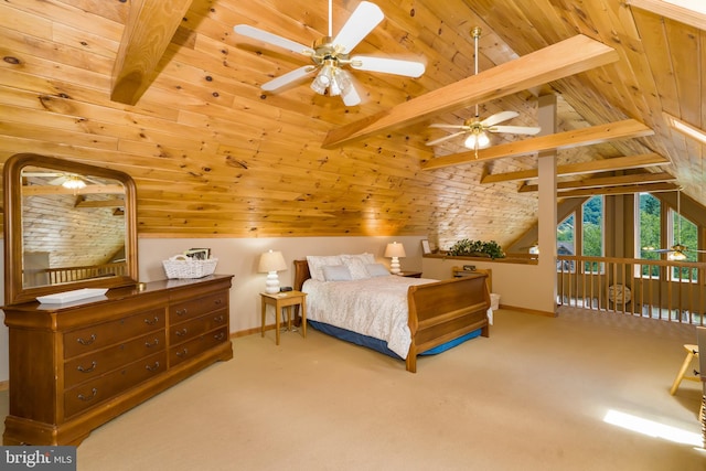 bedroom with carpet flooring, wooden ceiling, ceiling fan, and lofted ceiling