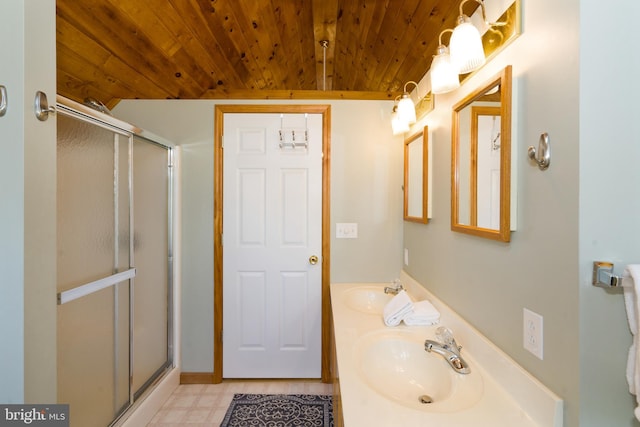 bathroom with tile flooring, double sink, an enclosed shower, wood ceiling, and oversized vanity