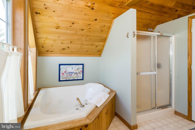 bathroom with independent shower and bath, tile flooring, wood ceiling, and lofted ceiling