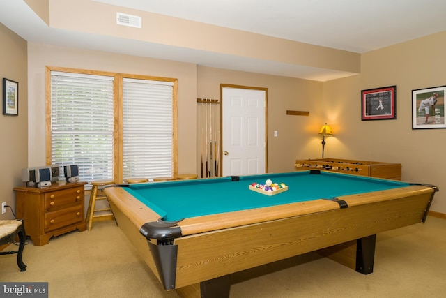 playroom with carpet floors and billiards