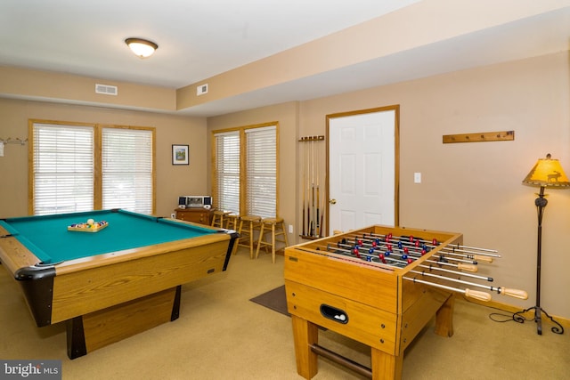 game room featuring billiards, plenty of natural light, and carpet flooring