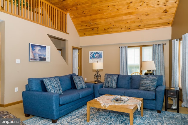 living room with high vaulted ceiling and wood ceiling