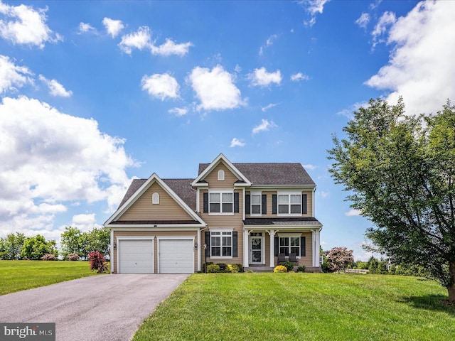 view of front of home featuring a front yard and a garage