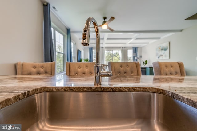 interior details featuring ceiling fan and sink