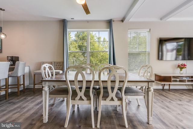 dining space with beam ceiling, ceiling fan, and hardwood / wood-style flooring