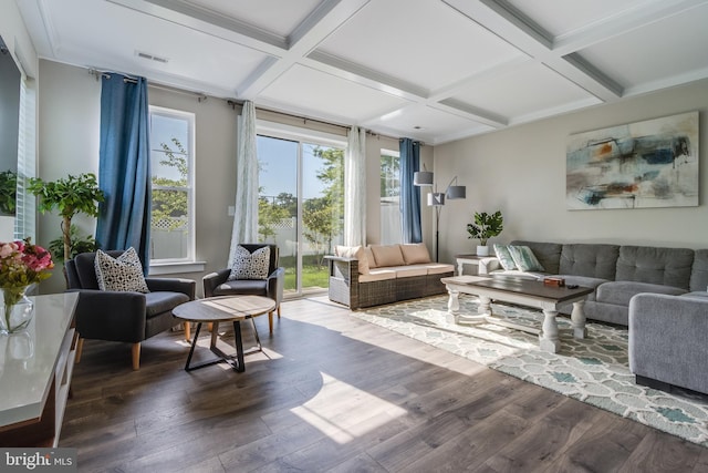 living room with beamed ceiling, dark hardwood / wood-style floors, and coffered ceiling