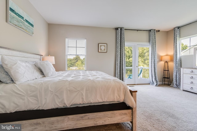 bedroom with carpet, multiple windows, and access to exterior