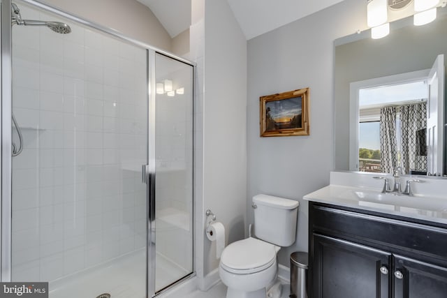 bathroom with a shower with door, toilet, and vanity with extensive cabinet space