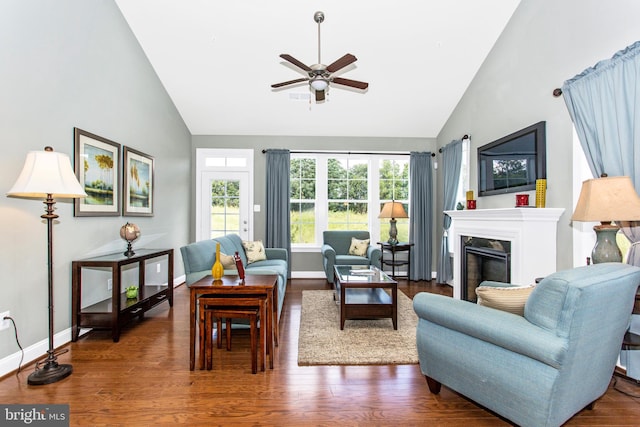 living room featuring a premium fireplace, high vaulted ceiling, plenty of natural light, and dark hardwood / wood-style flooring