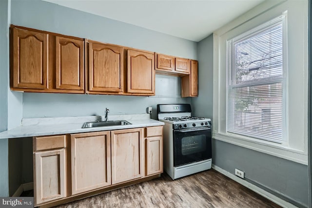 kitchen featuring sink, light stone countertops, white gas range, and hardwood / wood-style flooring