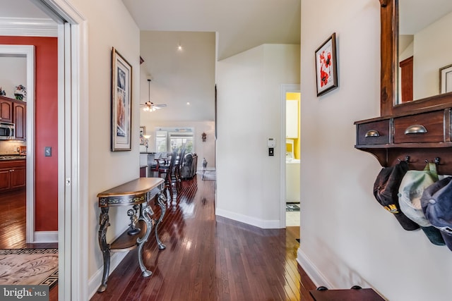 corridor with washer / dryer and dark hardwood / wood-style flooring