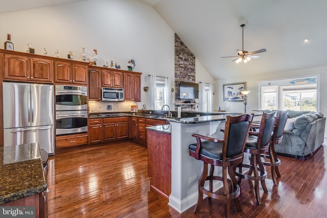 kitchen featuring high vaulted ceiling, dark wood-type flooring, tasteful backsplash, and appliances with stainless steel finishes