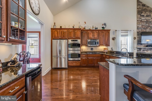 kitchen with dark stone countertops, appliances with stainless steel finishes, dark hardwood / wood-style floors, beverage cooler, and high vaulted ceiling