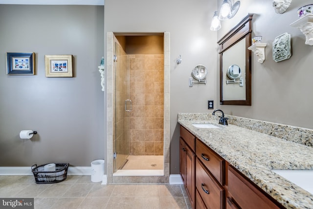 bathroom with tile flooring, double vanity, and a shower with door