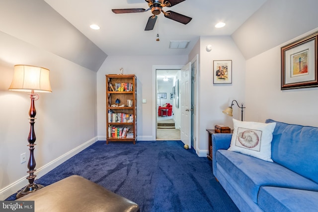 carpeted living room featuring lofted ceiling and ceiling fan