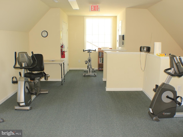 workout room featuring carpet and lofted ceiling