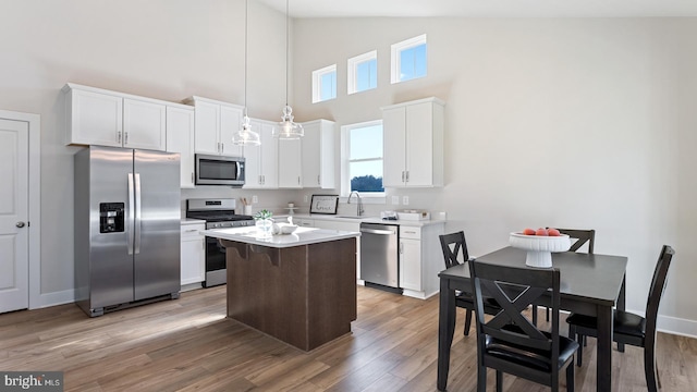 kitchen with white cabinetry, stainless steel appliances, hardwood / wood-style floors, decorative light fixtures, and high vaulted ceiling