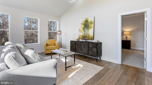 living room featuring high vaulted ceiling and dark colored carpet