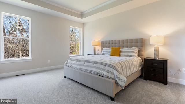 bedroom featuring a tray ceiling, carpet floors, and crown molding