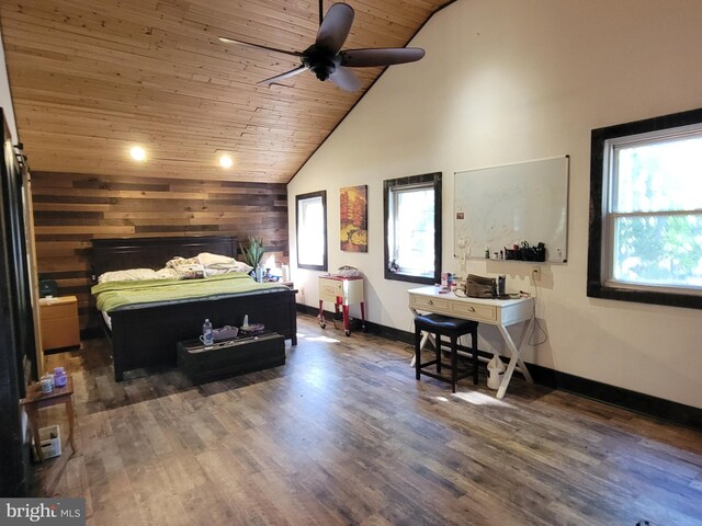 bedroom with ceiling fan, wooden walls, high vaulted ceiling, wooden ceiling, and dark hardwood / wood-style floors