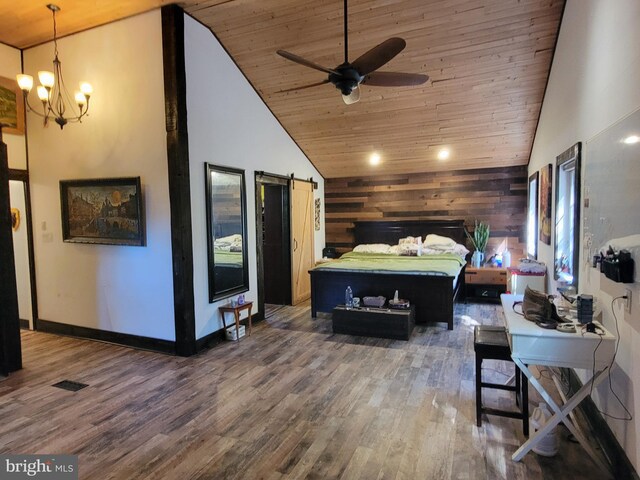 bedroom featuring wooden ceiling, hardwood / wood-style flooring, high vaulted ceiling, and wooden walls