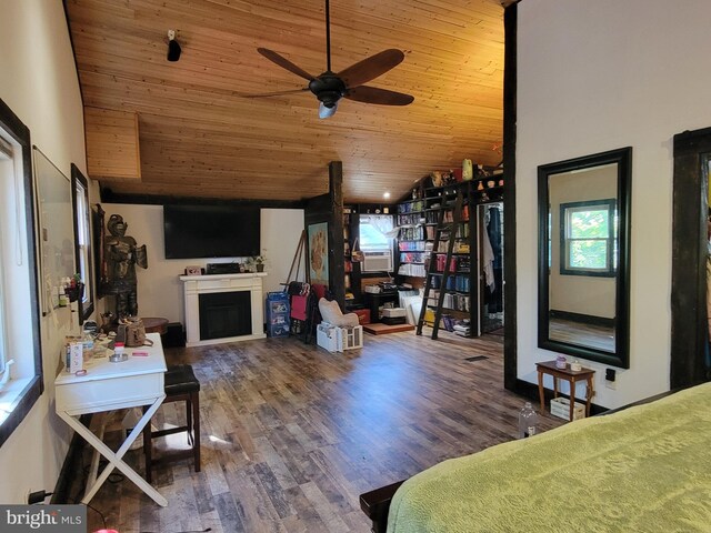 interior space with hardwood / wood-style flooring, wooden ceiling, and vaulted ceiling