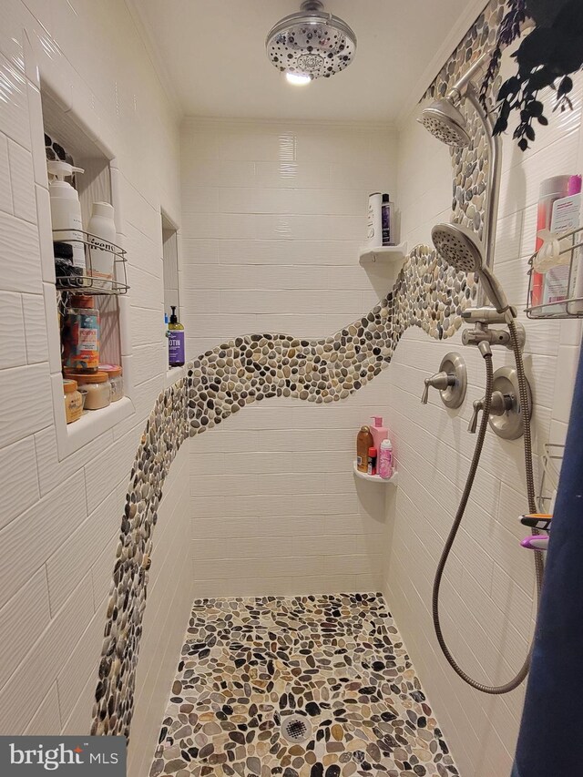 details featuring walk in shower and ornamental molding