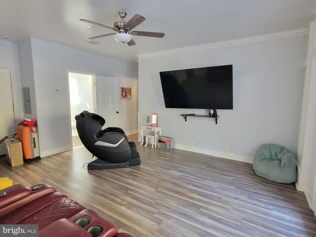 living room with electric panel, ceiling fan, and light hardwood / wood-style flooring