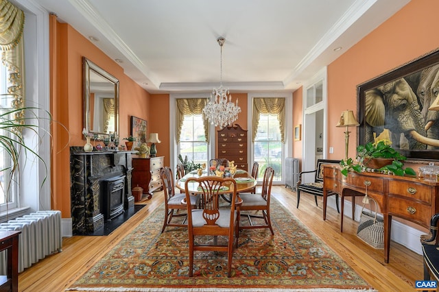 dining space with light hardwood / wood-style floors, radiator heating unit, an inviting chandelier, and a wood stove