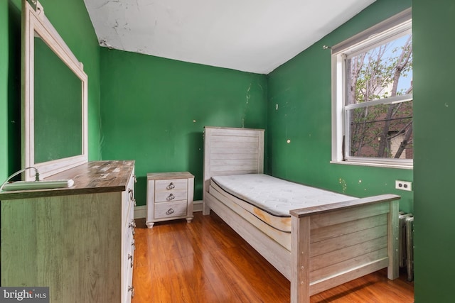 bedroom with sink and hardwood / wood-style floors