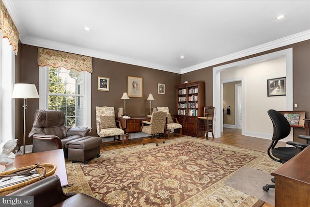 interior space featuring crown molding and hardwood / wood-style floors