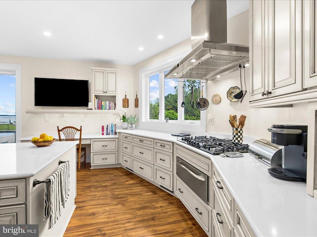 kitchen featuring exhaust hood, stainless steel gas stovetop, white cabinetry, and dark hardwood / wood-style flooring