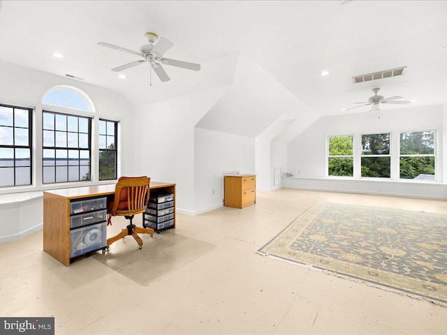 office space with vaulted ceiling and ceiling fan