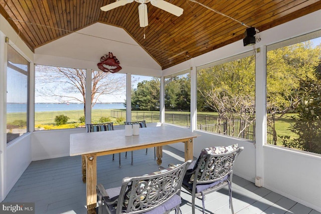 sunroom featuring ceiling fan, lofted ceiling, a water view, and wooden ceiling