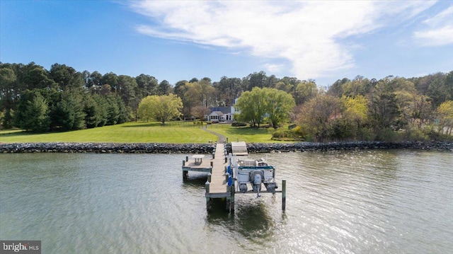 dock area featuring a water view and a lawn