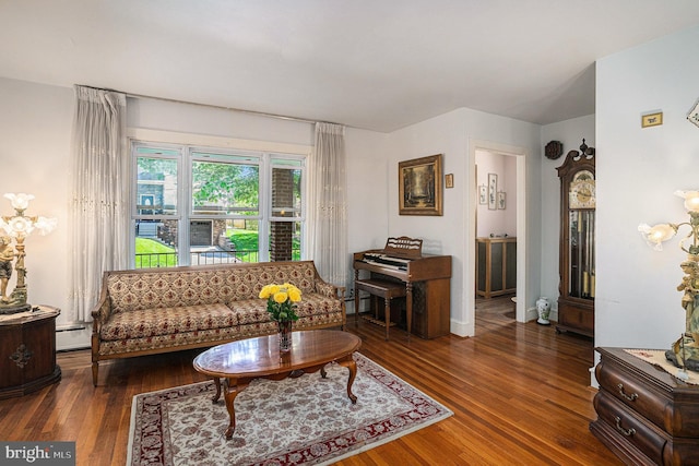 living room featuring baseboard heating and dark wood-type flooring