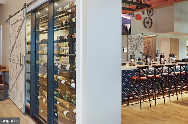 wine cellar featuring a barn door and light wood-type flooring