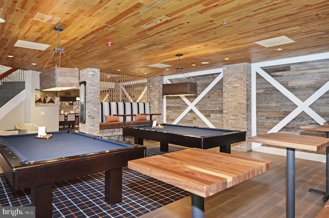 playroom featuring brick wall, wooden ceiling, tile flooring, and pool table