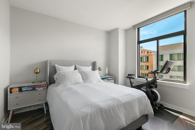 bedroom featuring multiple windows and dark wood-type flooring