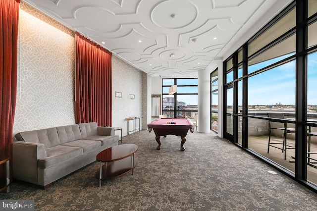 playroom featuring carpet, expansive windows, and billiards